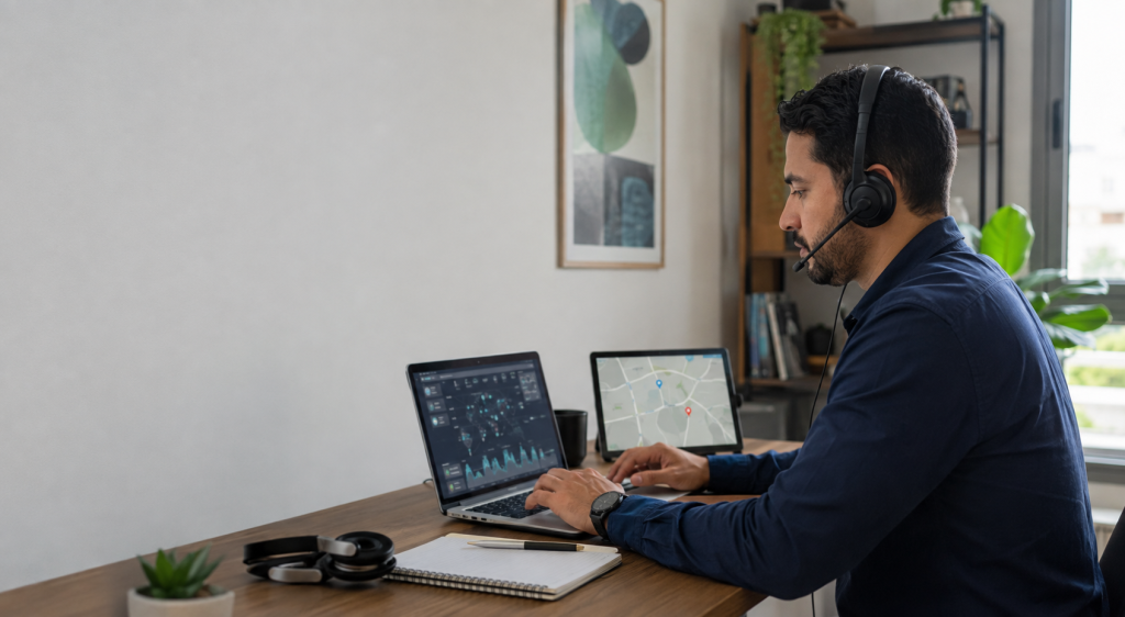 Técnico em Logística acompanha rotas e indicadores no computador durante trabalho em home office