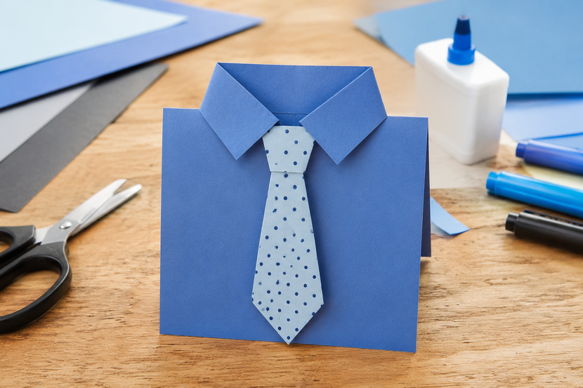 Cartão artesanal de Dia dos Pais em formato de camisa azul com gola e gravata, feito com papel colorido.