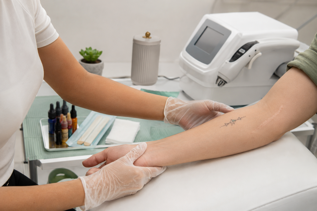 Profissional de estética com luvas avalia uma tatuagem e uma cicatriz fechada no antebraço de uma cliente.