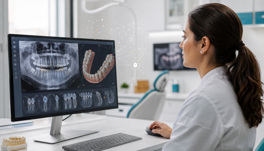 Cirurgiã-dentista analisa radiografia digital e modelo tridimensional da arcada com apoio de inteligência artificial.