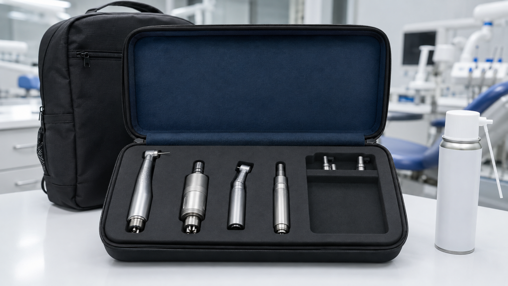 Kit acadêmico de Odontologia aberto sobre bancada clínica, com caneta de alta rotação, micromotor, contra-ângulo, peça reta, óleo lubrificante, estojo e mochila.