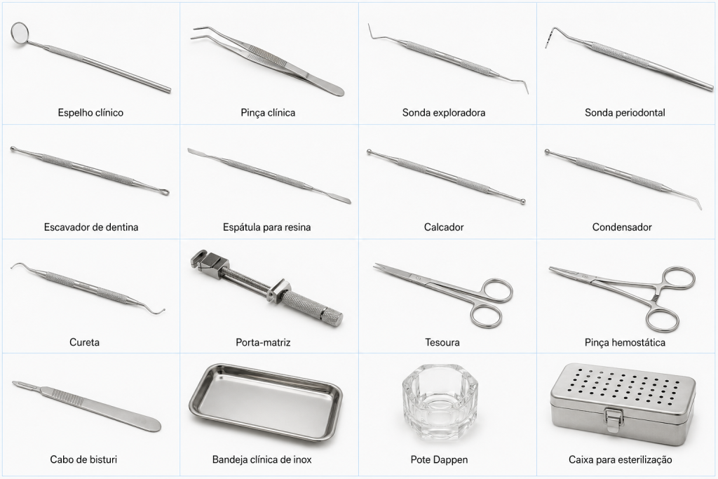 Painel fotográfico com 16 materiais odontológicos identificados, incluindo instrumentais clínicos, restauradores, periodontais e cirúrgicos.