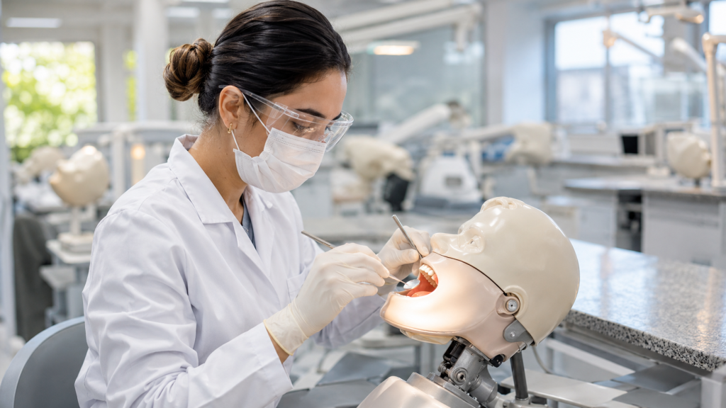 Estudante de Odontologia pratica procedimento em manequim odontológico durante aula em laboratório pré-clínico.
