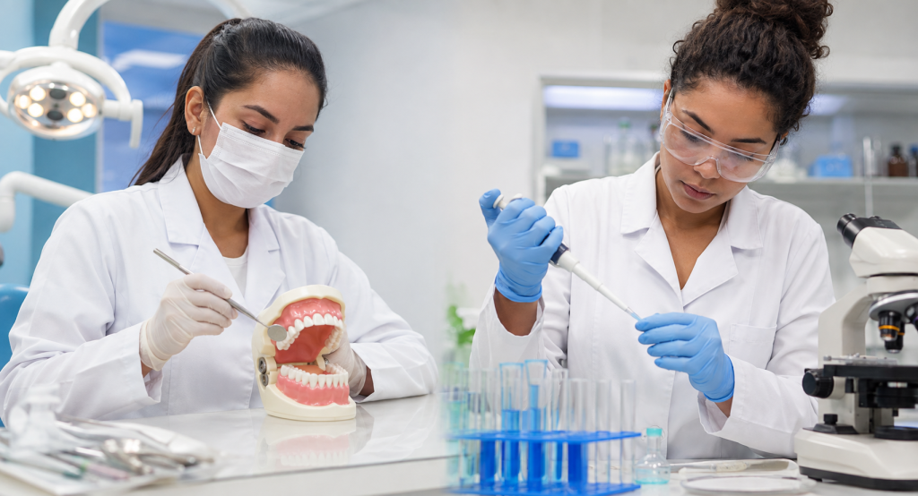 Estudantes comparam Odontologia e Biomedicina em clínica odontológica e laboratório de análises.