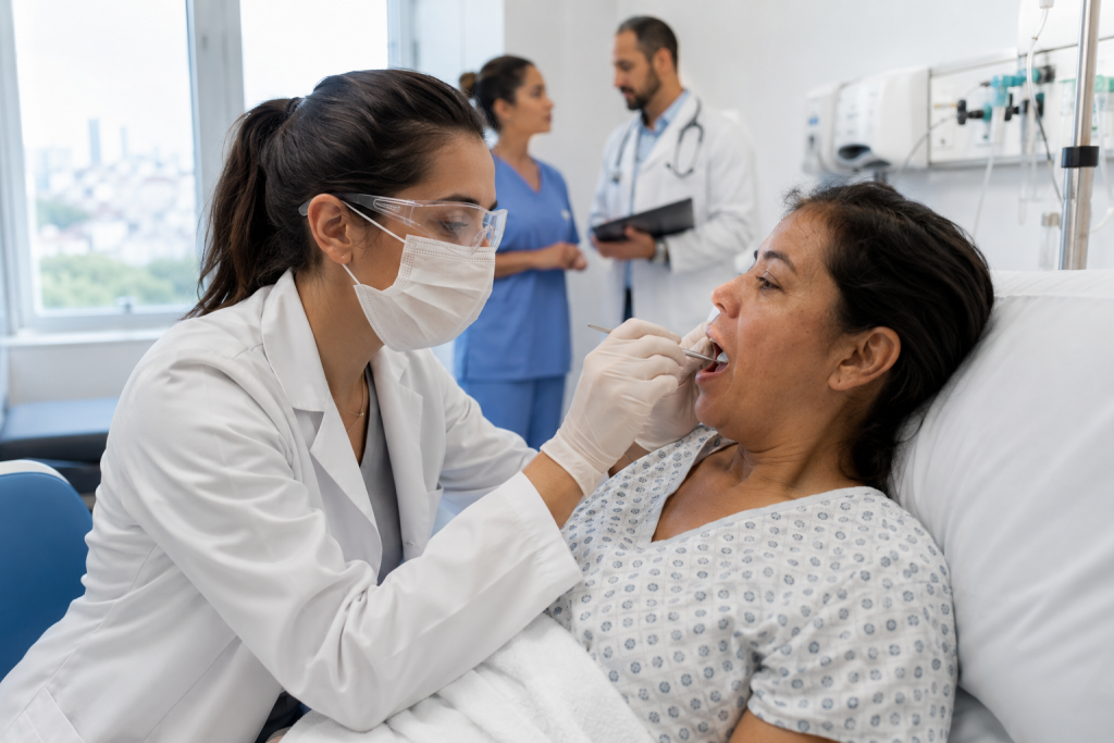 Cirurgiã-dentista residente realiza avaliação bucal em paciente hospitalizada, acompanhada por equipe multiprofissional.