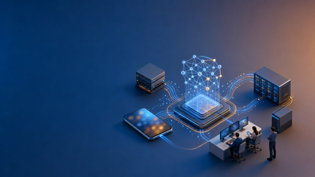 Representação da Engenharia de IA conectando modelos, dados, software e usuários em produção