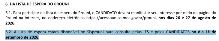 trecho do edital com a informação de quando sai o resultado da lista de espera do Prouni 2026.2