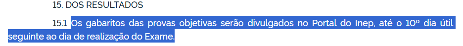 trecho do edital do Encceja 2026 sobre a divulgação do gabarito da prova