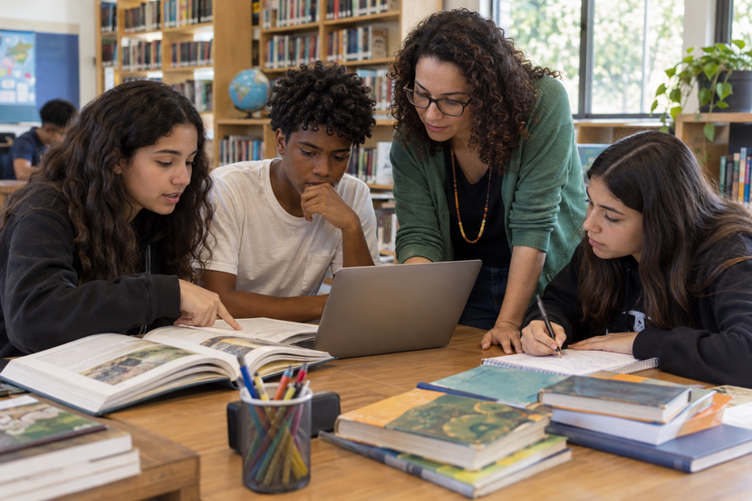 Professora orienta adolescentes na comparação entre livros, anotações e informações digitais durante atividade escolar