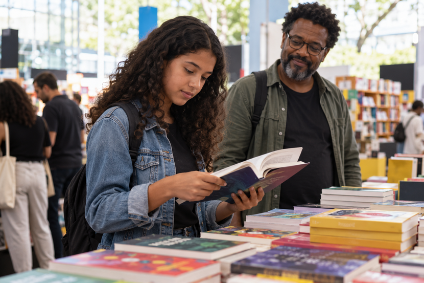 Adolescente escolhe livros acompanhada pelo pai durante bienal do livro 2026 em São Paulo