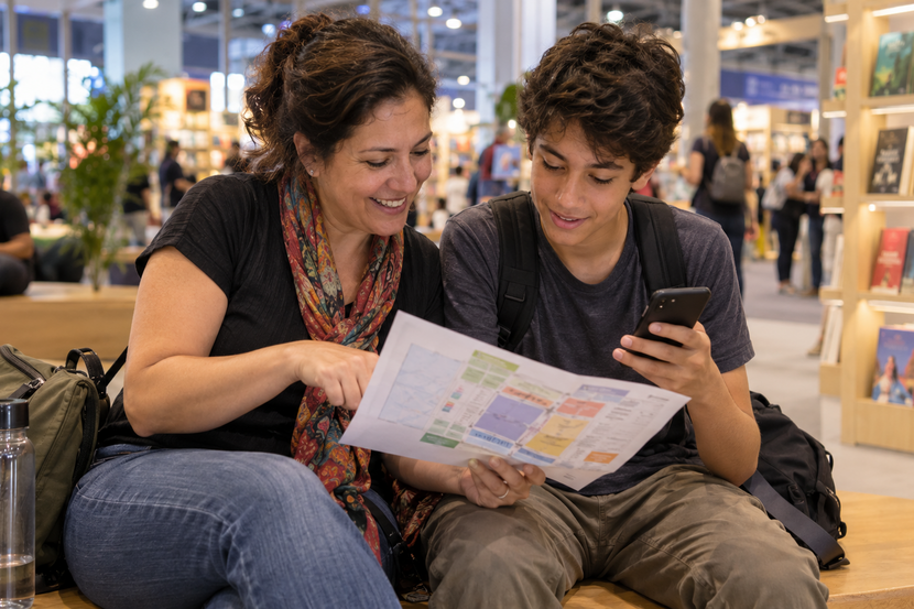 Mãe e filho adolescente consultam mapa da Bienal do Livro 2026 em São Paulo