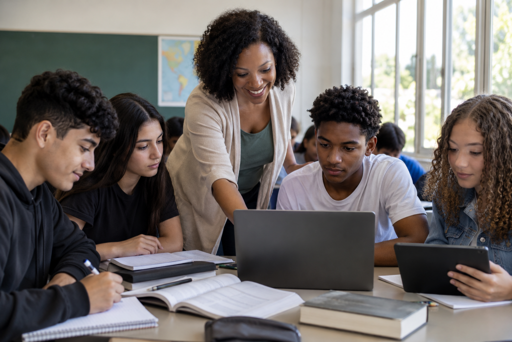 Professora orienta estudantes do Ensino Médio no uso de tecnologias digitais para a aprendizagem