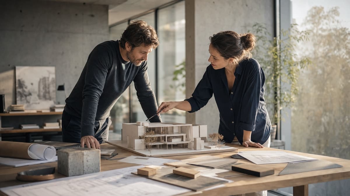 Engenheira civil e arquiteto analisando maquete física e desenhos técnicos durante planejamento conjunto de casa.