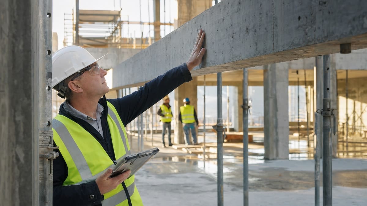 Engenheiro civil com capacete de proteção e prancheta vistoriando estrutura de concreto em canteiro de obras predial.