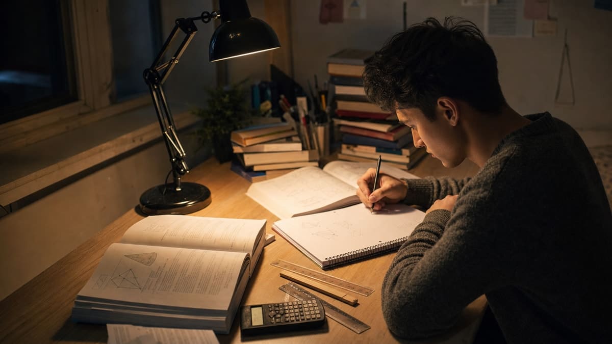 Estudante concentrado em mesa de estudos com cadernos, instrumentos de desenho e livros técnicos.