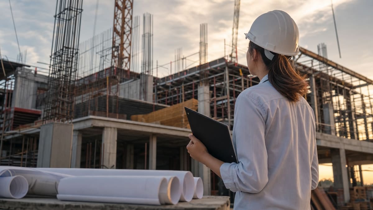 Estudante de Engenharia Civil acompanha uma estrutura em construção durante a etapa prática do curso.
