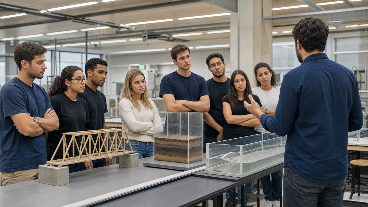 Estudantes analisam modelos de estruturas e sistemas hidráulicos em laboratório de Engenharia Civil.