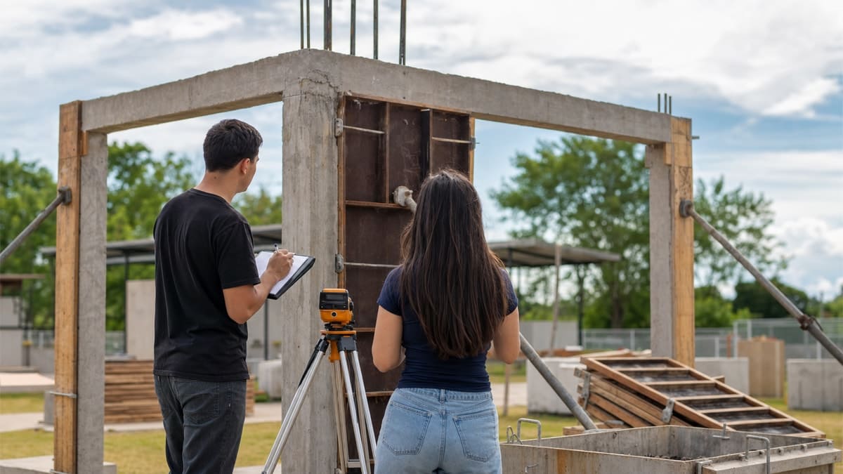 Estudantes observam uma estrutura durante atividade prática de Engenharia Civil