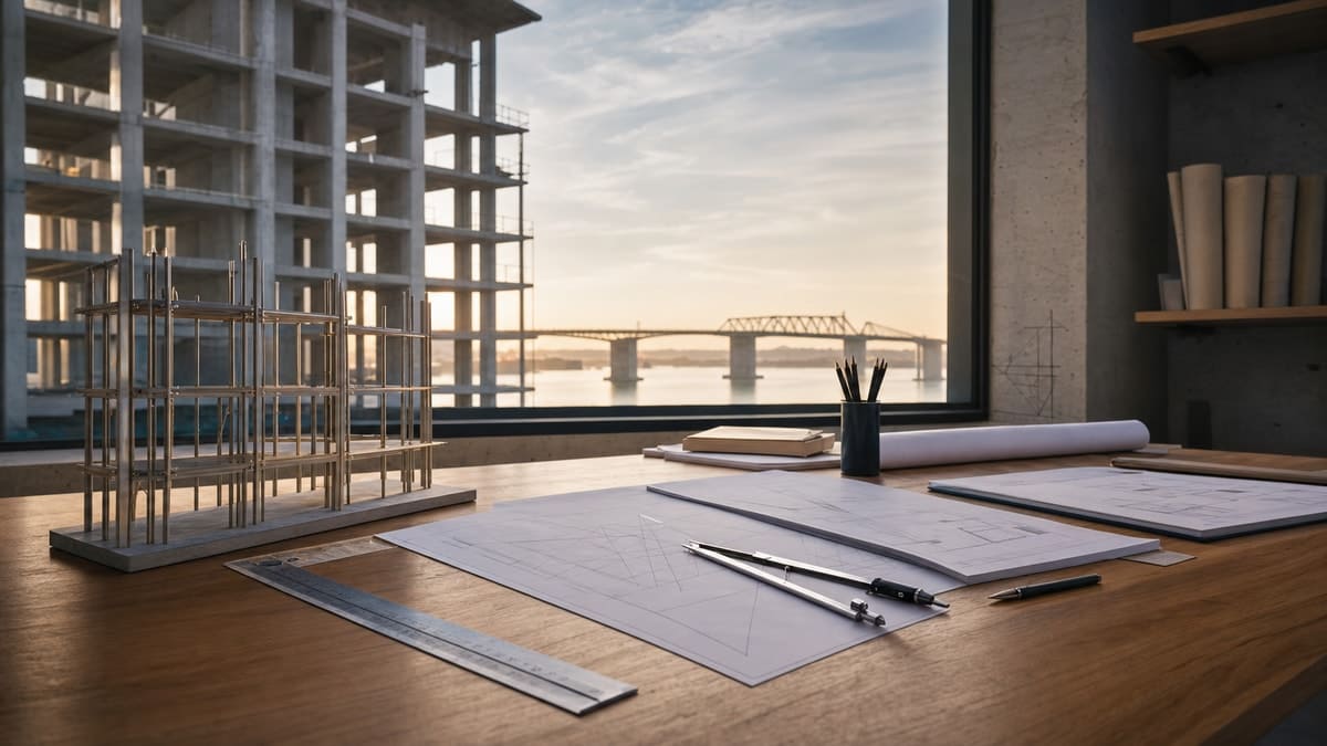 Mesa de estudos com modelo estrutural diante de uma obra de Engenharia Civil