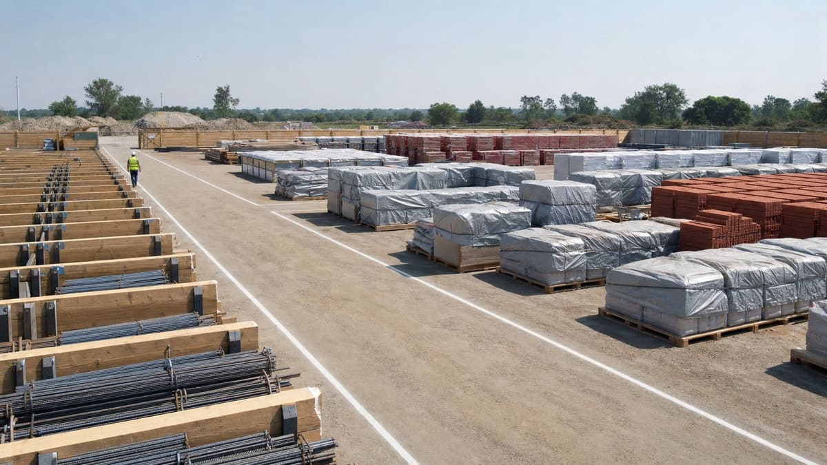 Pátio de canteiro de obras organizado com estocagem setorizada de materiais e vias de circulação desimpedidas.