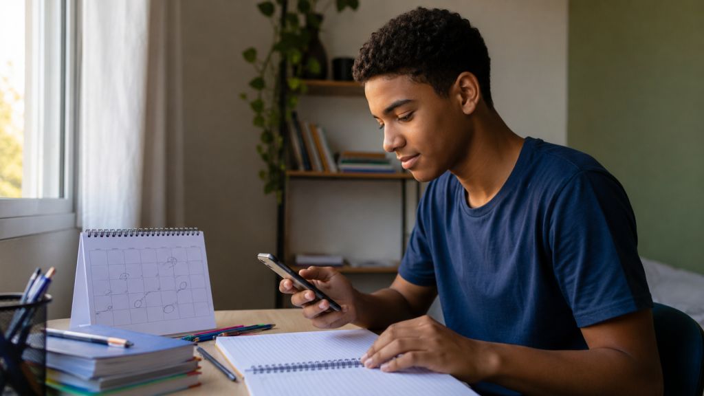 Estudante consulta o calendário Pé-de-Meia de setembro de 2026 pelo celular em uma mesa de estudos.