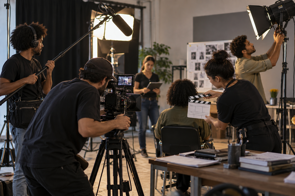 Estudantes de Cinema e Audiovisual operam câmera, iluminação, claquete e equipamento de som durante uma produção universitária.