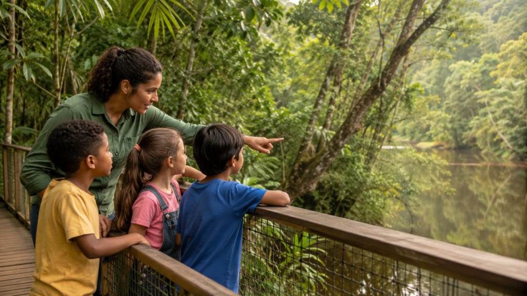 Professora e crianças observam a floresta e um rio durante atividade educativa sobre o Dia da Amazônia.