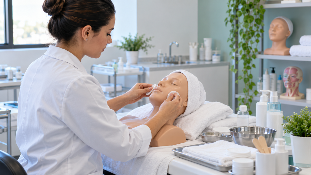 Estudante de Estética e Cosmética realiza uma prática facial não invasiva em laboratório de aprendizagem.