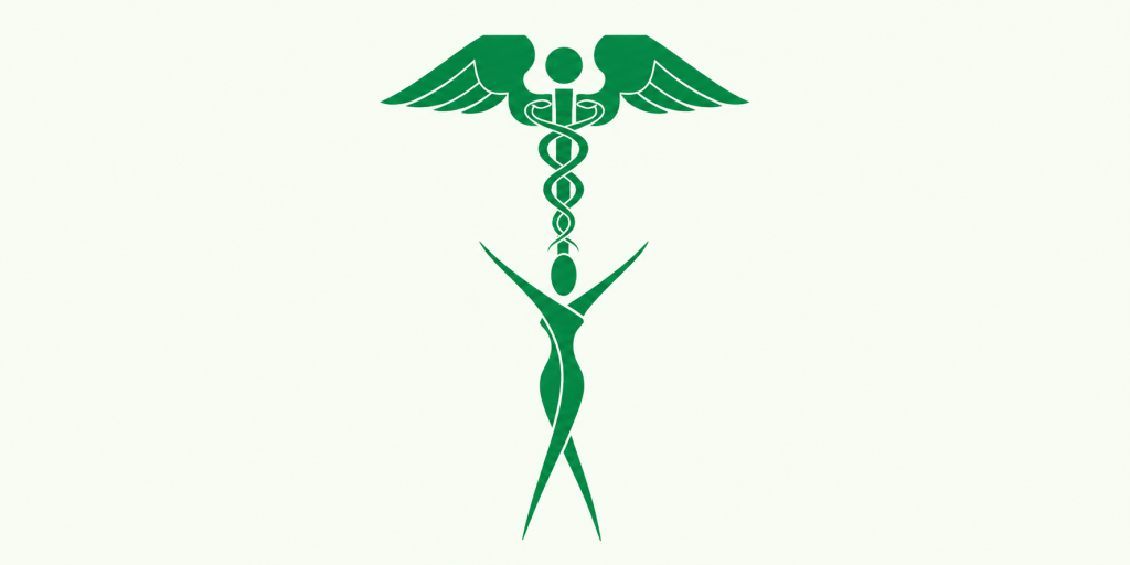 ímbolo verde da Estética com caduceu alado e figura feminina estilizada, centralizado em fundo horizontal claro.