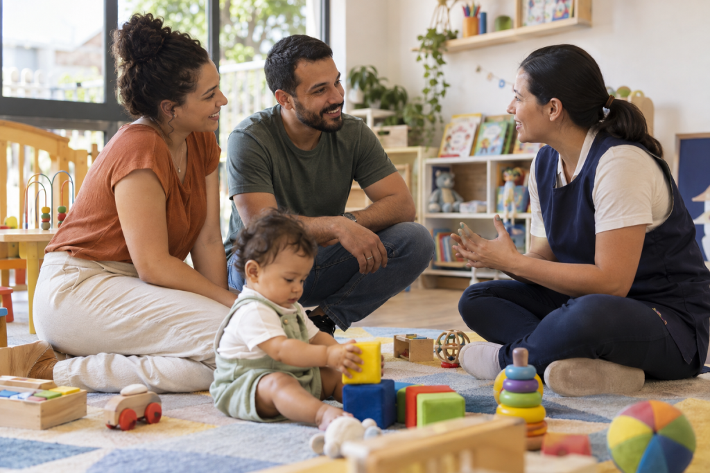 Pais conversam com educadora durante visita a uma creche particular enquanto bebê brinca em sala de Educação Infantil.