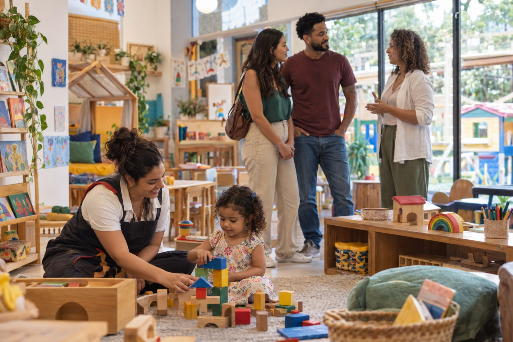 Família conhece a rotina de uma escola infantil para escolher entre meio período ou período integral.