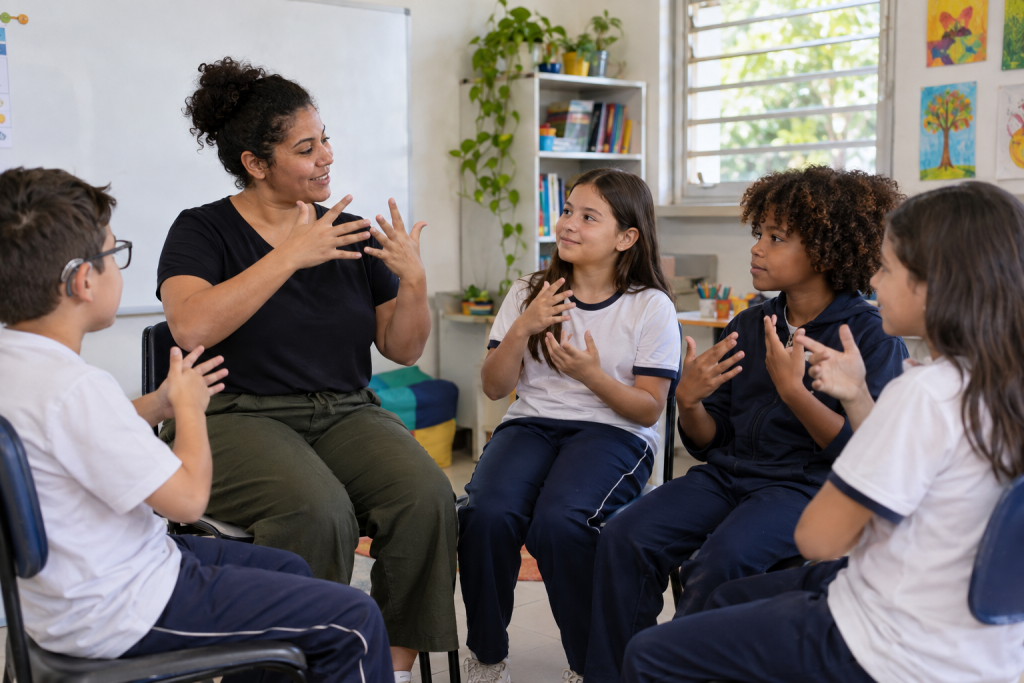 Professora e estudantes surdos e ouvintes participam de atividade em Libras no Dia Internacional das Línguas de Sinais.