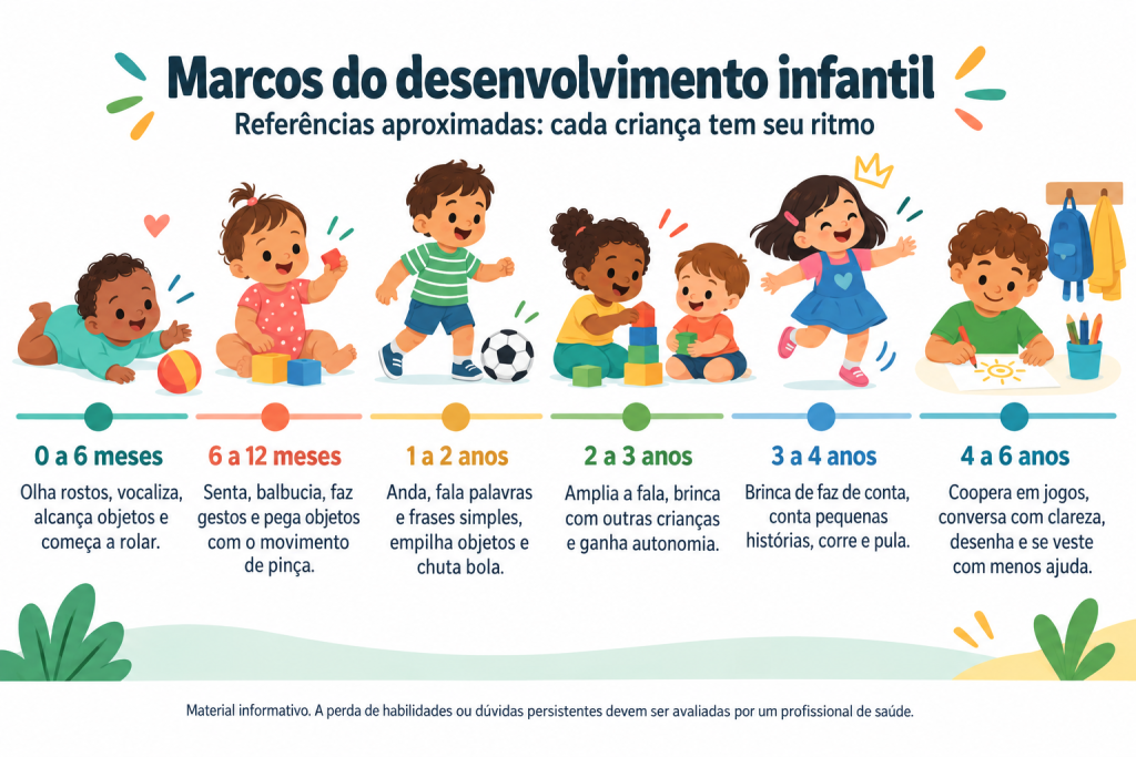 Infográfico com os principais marcos do desenvolvimento infantil dos 0 aos 6 anos, incluindo linguagem, movimentos, autonomia e interação social.