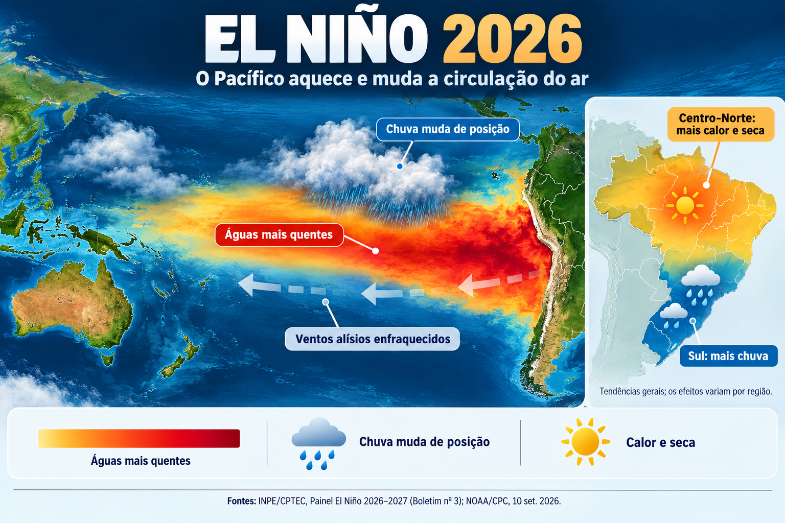 Infográfico explica o El Niño 2026, mostrando o aquecimento do Pacífico, o enfraquecimento dos ventos alísios e tendências de chuva e seca no Brasil. 