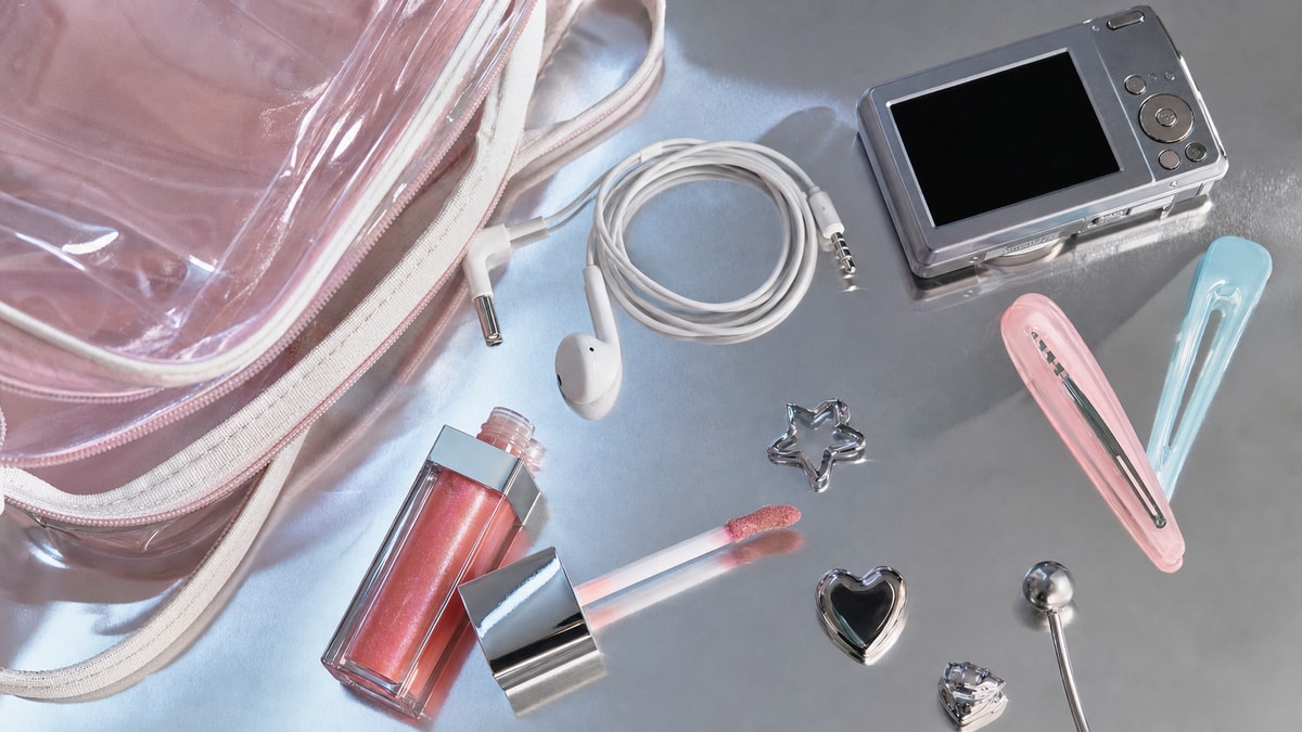 Gloss brilhante, câmera digital compacta e fones com fio associados ao visual Y2K
