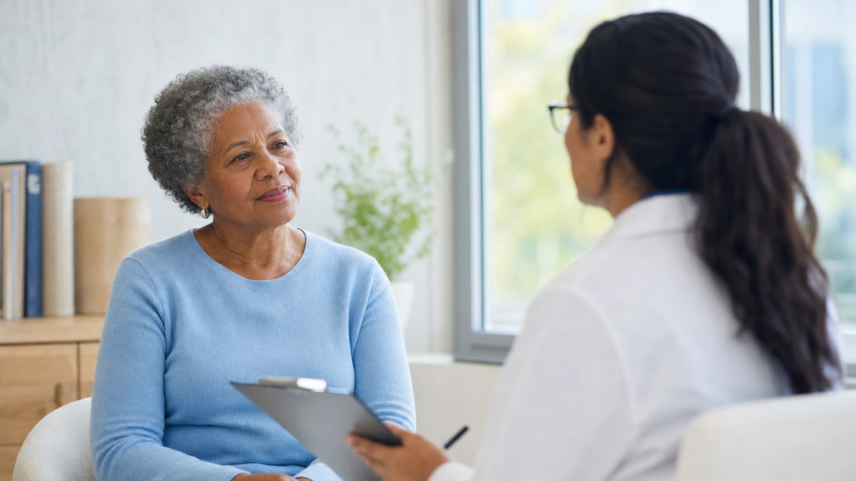 Acompanhamento individualizado Pessoa idosa conversando com profissional de saúde durante consulta de acompanhamento