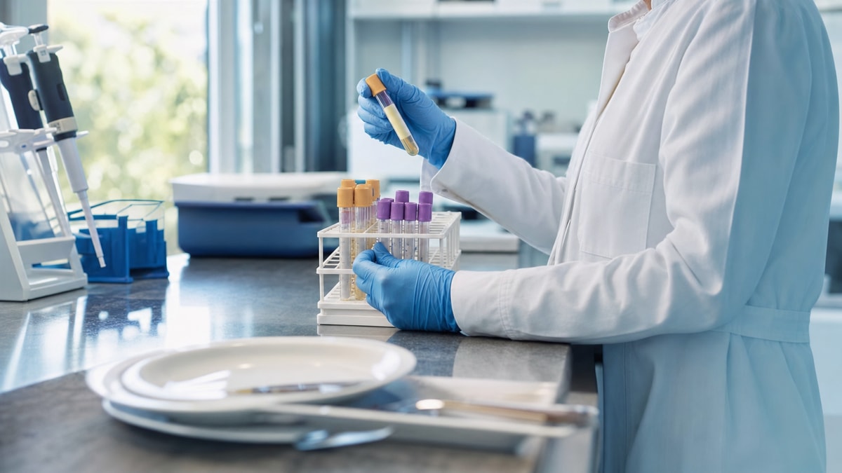 Profissional organiza materiais de laboratório para analisar uma amostra de sangue