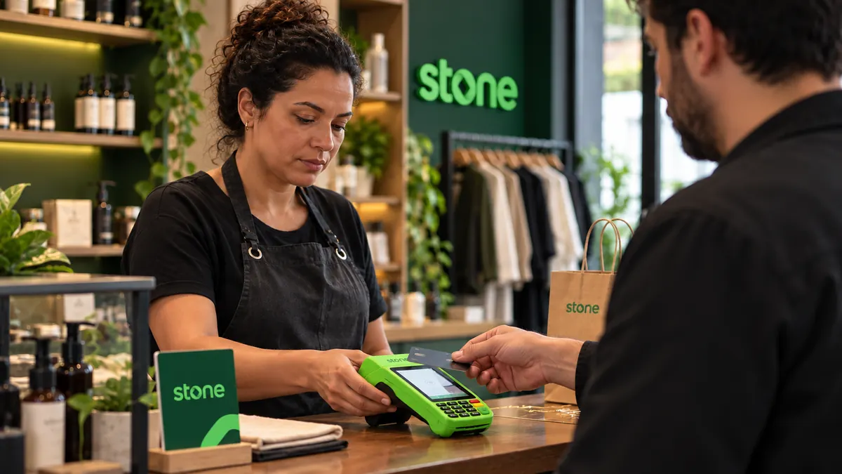 Comerciante usando terminal de pagamento em pequeno negócio brasileiro