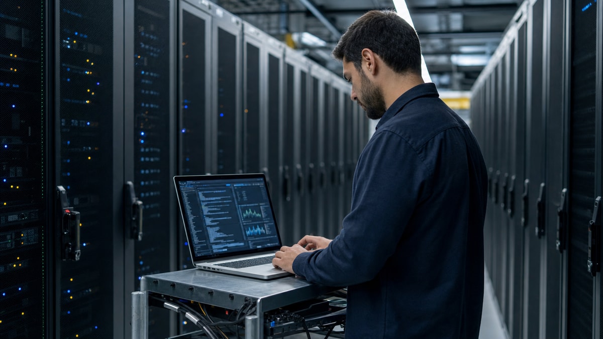 Uso da linha de comando em infraestrutura e servidores Profissional diante de racks de servidores operando terminal de linha de comando em notebook.