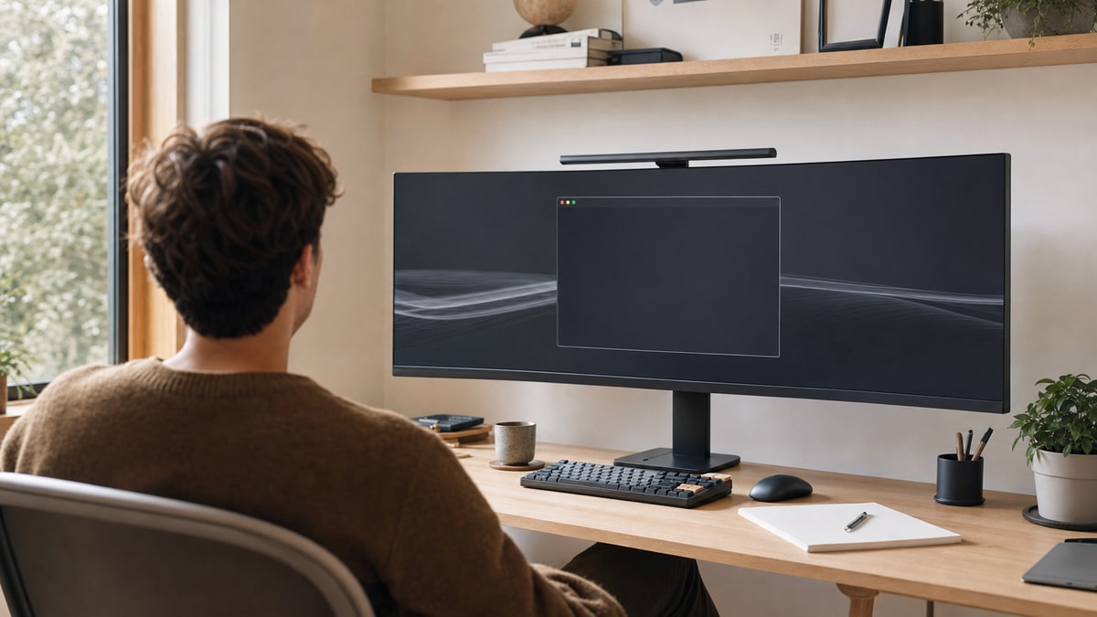 Pessoa em mesa de estudos com monitor exibindo terminal e bloco de anotações ao lado.