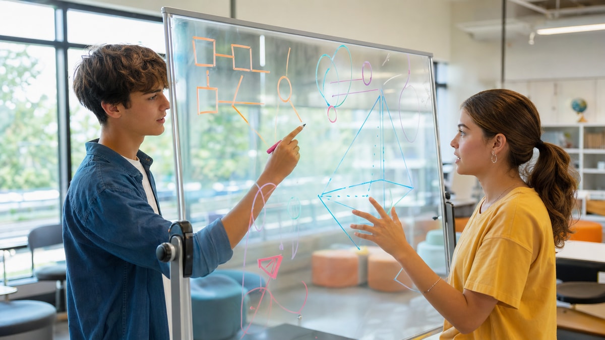 Estudantes em diálogo colaborativo organizando esquemas lógicos em um painel transparente em sala de aula.