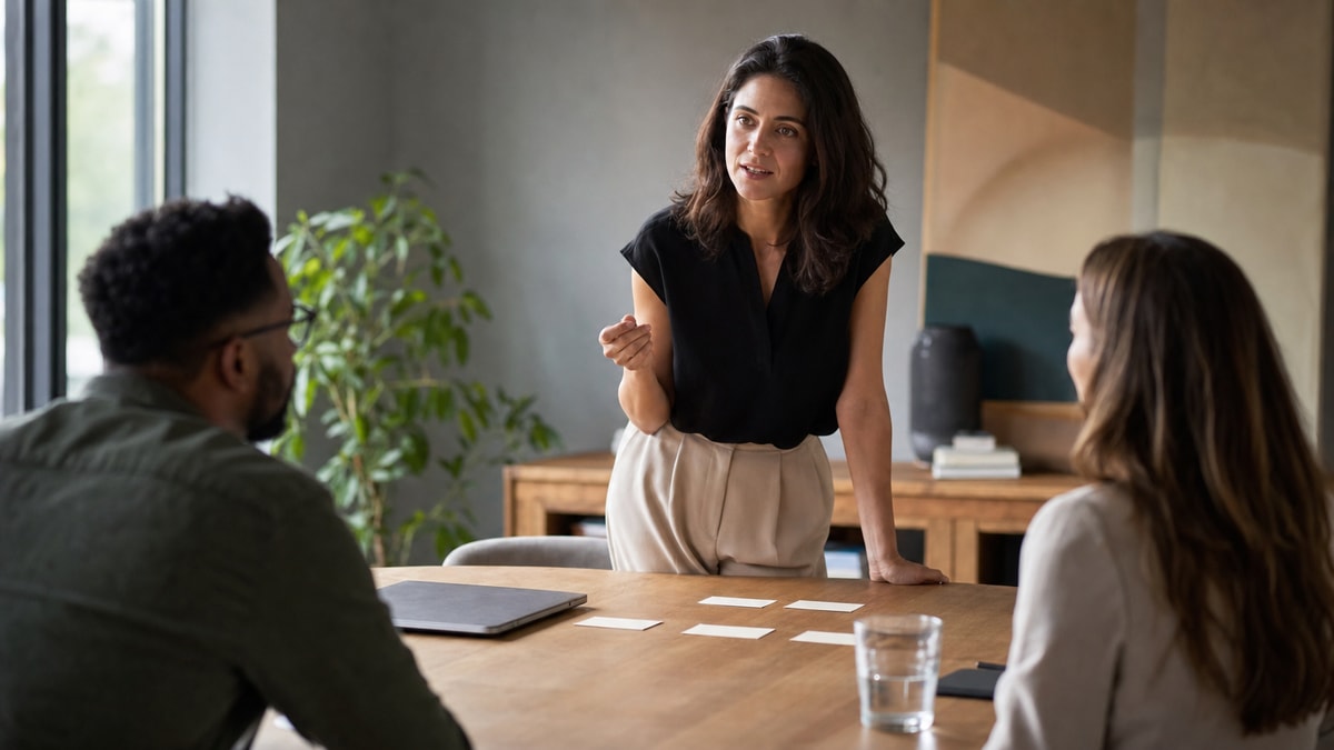 Apresentação profissional Pessoa praticando uma apresentação profissional em inglês em uma reunião
