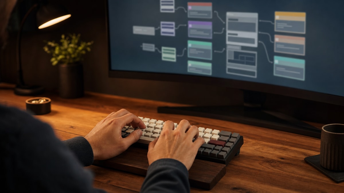 Mãos de desenvolvedor ao teclado com tela ao fundo mostrando blocos de arquitetura técnica de forma desfocada