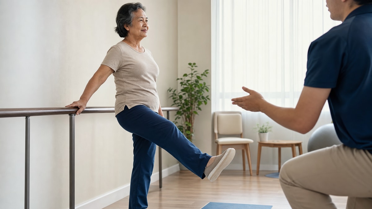 Exercício seguro e adaptado Pessoa idosa praticando exercício adaptado com orientação profissional