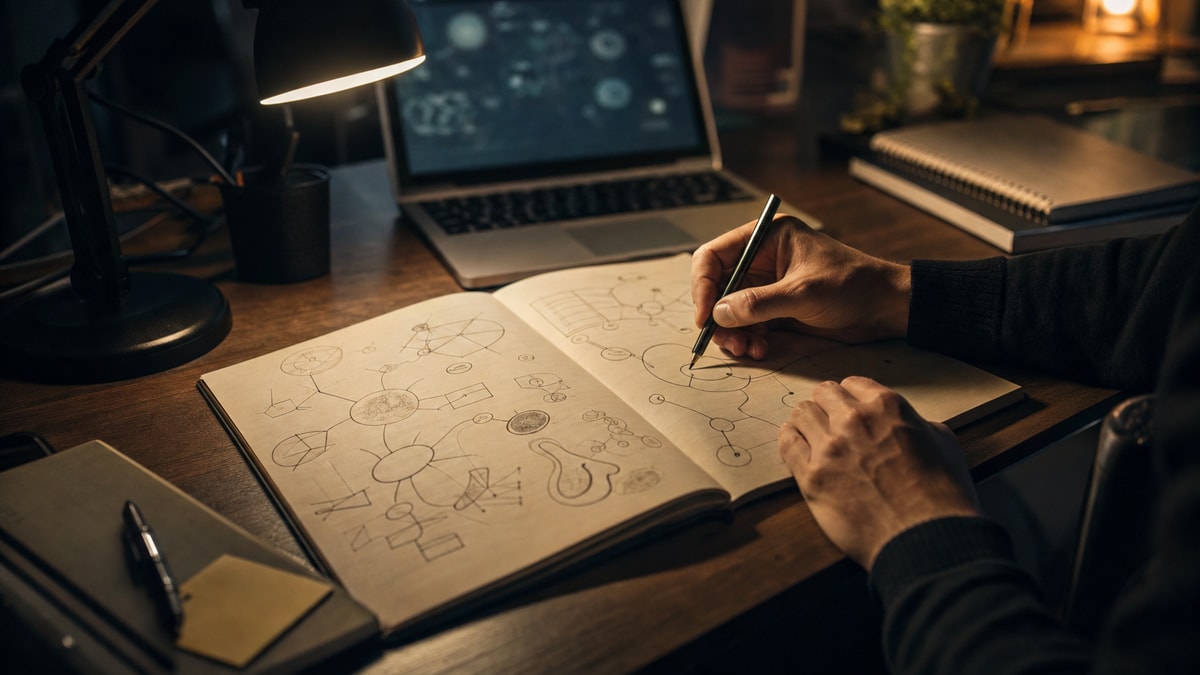 Pessoa em mesa de estudo planejando evolução de competências com caderno e laptop sob luz aconchegante.