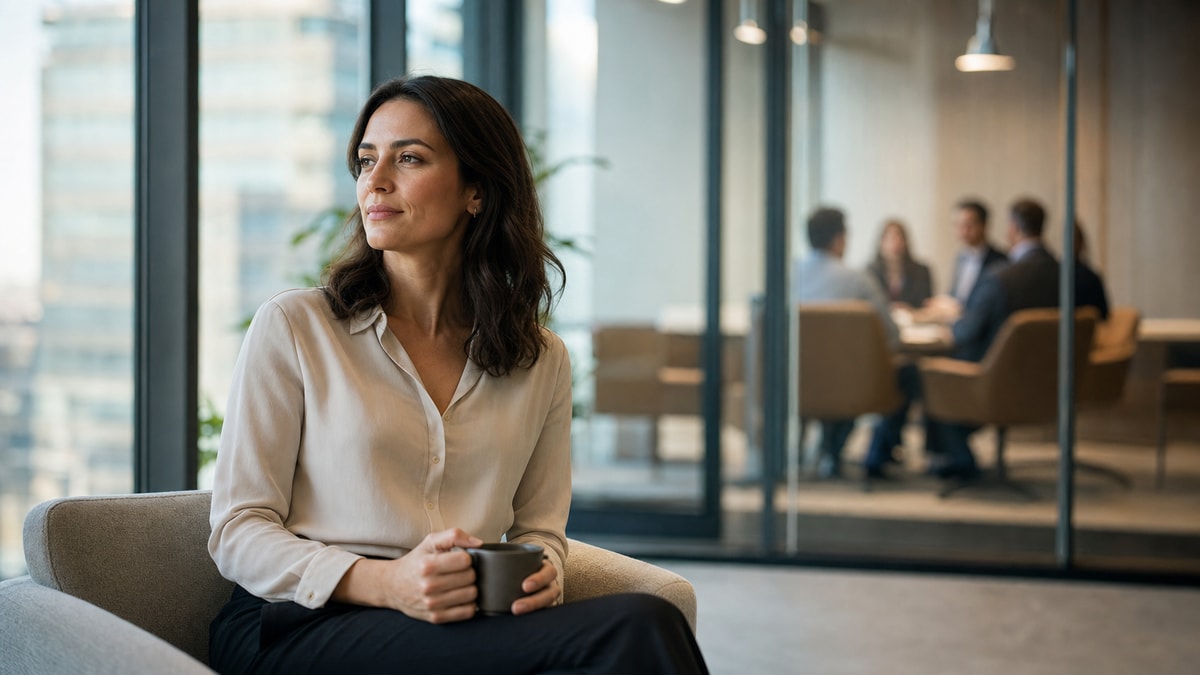 Pausa e autorregulação Profissional fazendo uma pausa reflexiva antes de responder em uma reunião