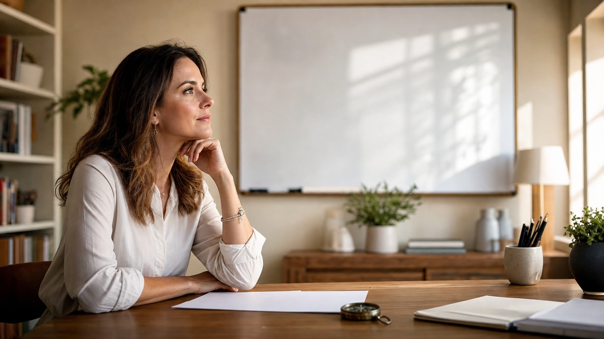 Definição de objetivos Pessoa refletindo sobre objetivos antes de escolher um caminho de desenvolvimento