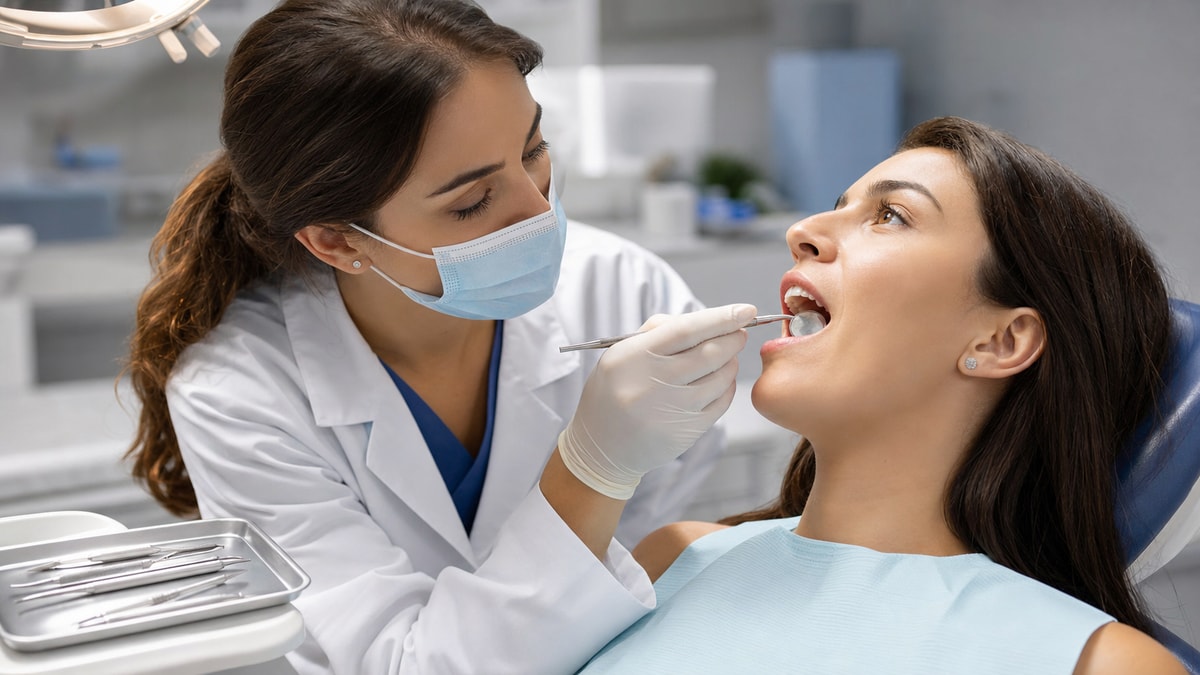Avaliação clínica da boca Profissional examina dentes e tecidos da boca durante a avaliação clínica do check-up