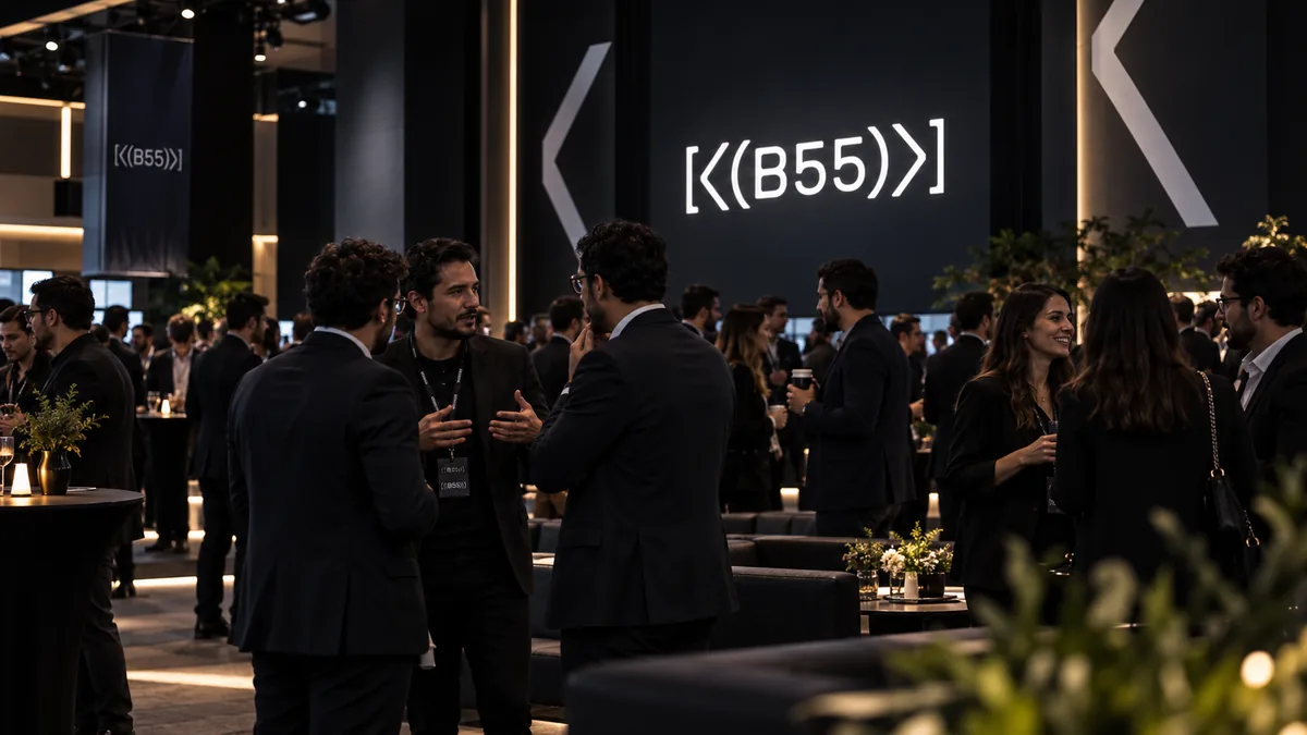 Executivos e empreendedores conversam em área de networking de uma conferência empresarial.