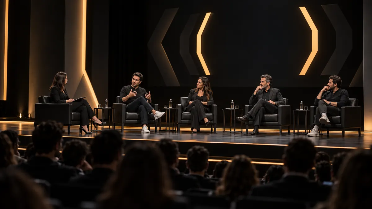 Painel com empreendedores e executivos em palco de conferência empresarial